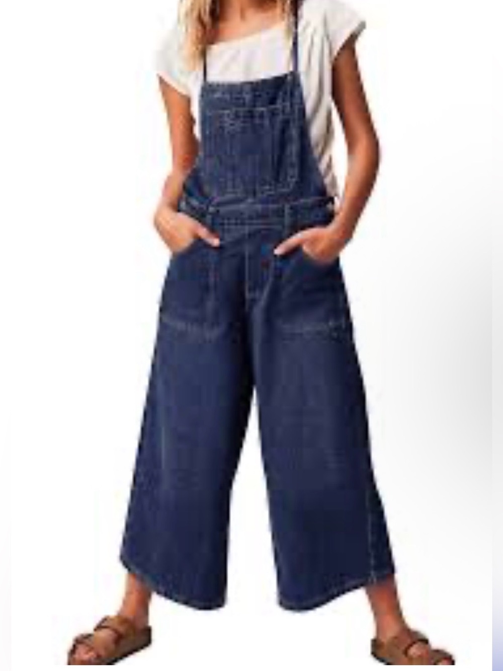 Wide-Leg Bib Denim Overalls - Dark Blue